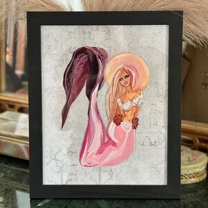 Original Mermaid Watercolor Painting on Canvas Paper Framed 9" X 11" - Jezebel